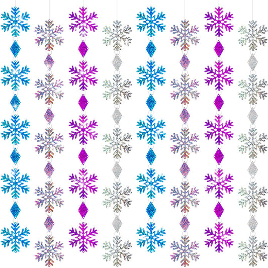 CroBlissful 8 Pack Winter Christmas Hanging Snowflake Decorations Blue Purple Glitter Snowflake Garland Decorations Banner Backdrop for Winter Christmas Wonderland Home New Year Holiday Party