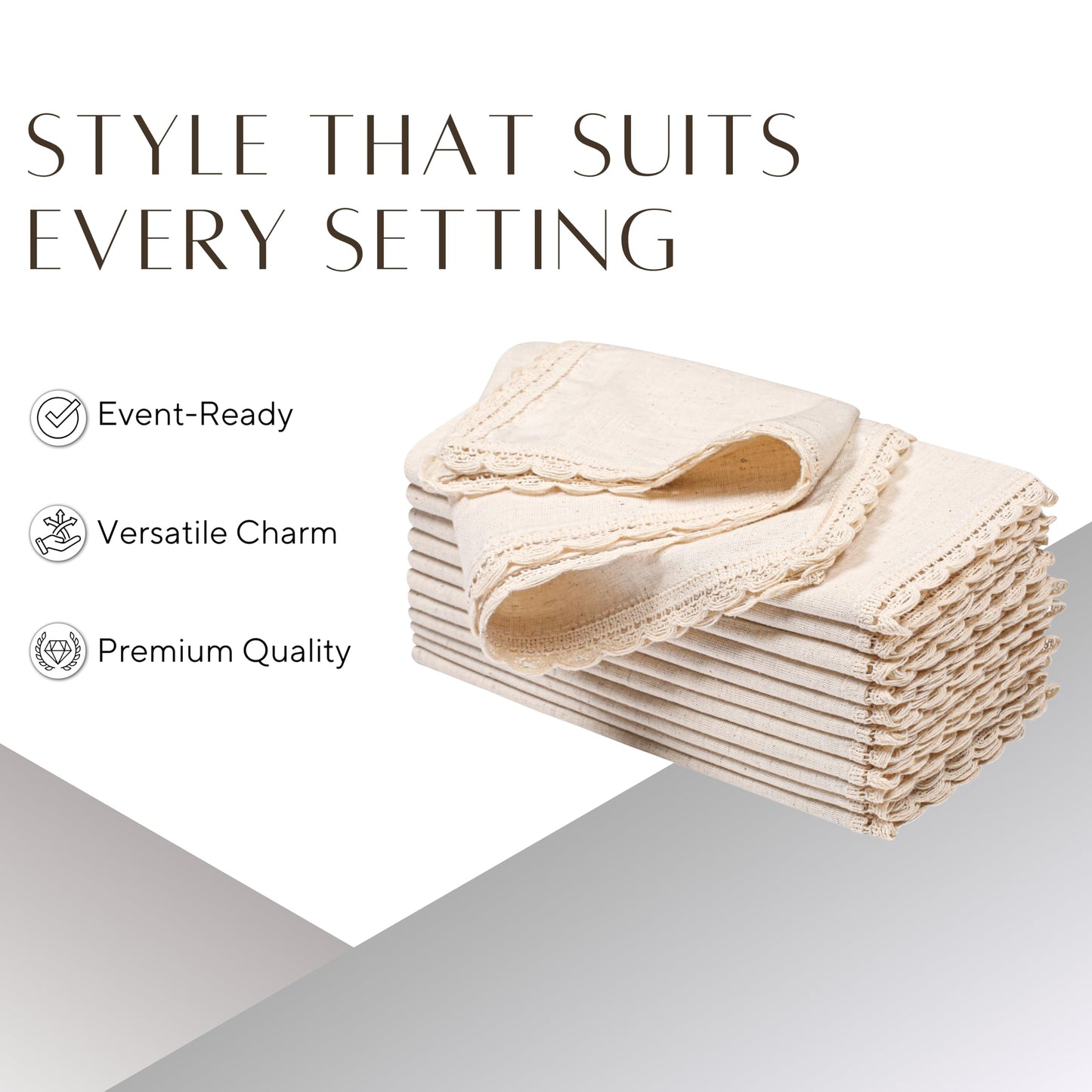 Ramanta Home Decorative Cloth Dinner Napkins Set of 4, 20x20 Inch Natural Lace Flax Cotton Napkins with Mitered Corners, Oversized Use, Parties, Weddings, Spring, Easter Cloth Napkins