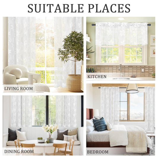 DWCN White Floral Lace Sheer Curtains - Rod Pocket Window Voile Sheer Drapes for Bedroom Kitchen Short Curtains 52 x 45 inch Length, Set of 2 Curtain Panels