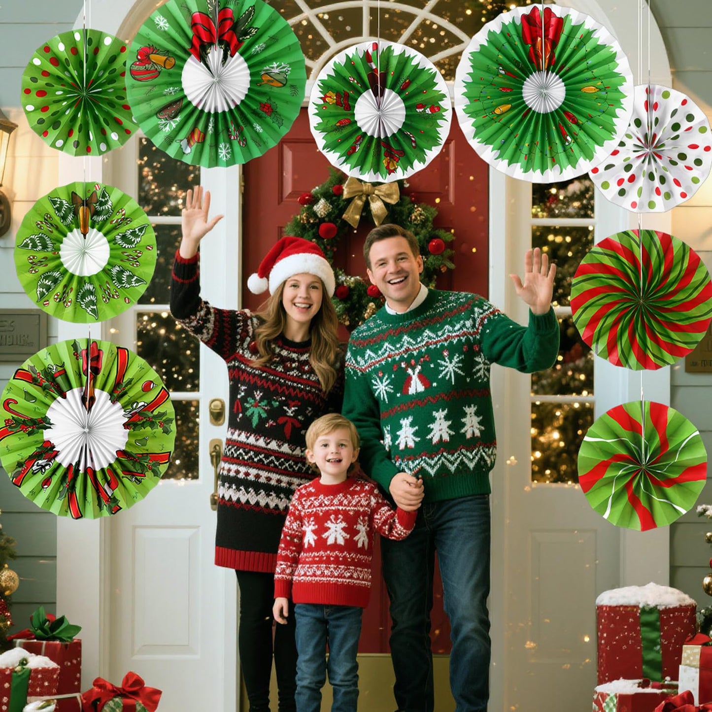 Outus 9 Pcs Christmas Hanging Decorations Candy Paper Fans Peppermint Classroom Christmas Decorations Party Ceiling Wall Hanging Decor Red Green Elf Bulb Wreath Gift Box Winter Holiday Birthday