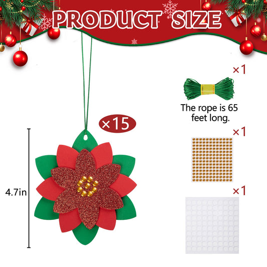 LFUTARI 15 Pcs Christmas DIY Poinsettia Flowers Craft, Foam Poinsettias Flower Ornaments, Christmas Glitter Red Flowers DIY Decoration for Holiday Home Party Tree Garland Wreath Porch Stair Decor