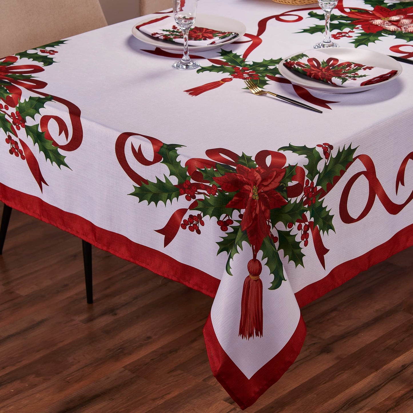 Kadut Christmas Ribbon Tablecloth (60 x 102 Inch) for 6 Foot Rectangle Tables, Heavy Duty Fabric, Stain Proof Xmas Ribbon Table Cloth for Harvest, Holiday, and Fall, & Christmas Dinner.