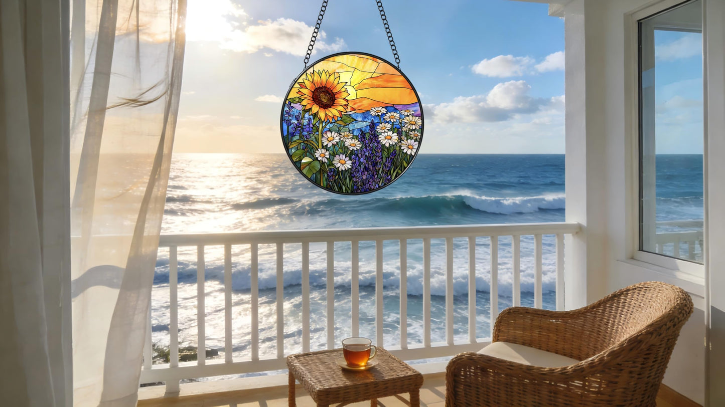 Argodaze Stained Glass Window Hanging - Sunflowers, Daisies, Lavender and Sunset 6.3 Inches Suncatcher for Garden Home Decor for Women Mon Grandma Friends