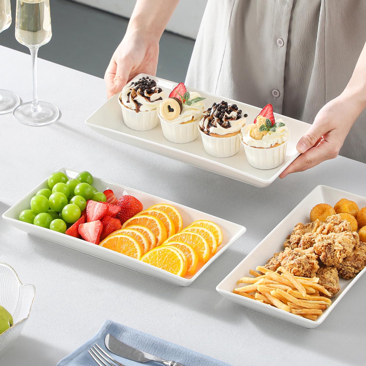 MALACASA 3 Tier Serving Trays for Party, Porcelain Serving Platters and Trays, 12 Inch Tiered Tray Stand, Fruit Tray, Trays for Serving Food, White Dessert Stand with Collapsible Sturdier Metal Rack