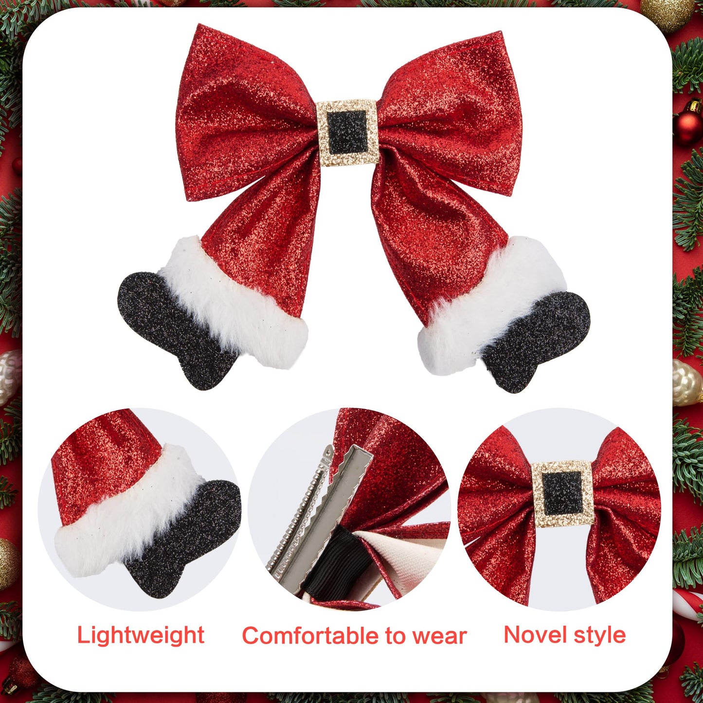 Christmas Hair Clips， red christmas sparkly bow hair clip，Christmas Hair Accessories for Girls Women Costume Accessory Xmas Party Gifts