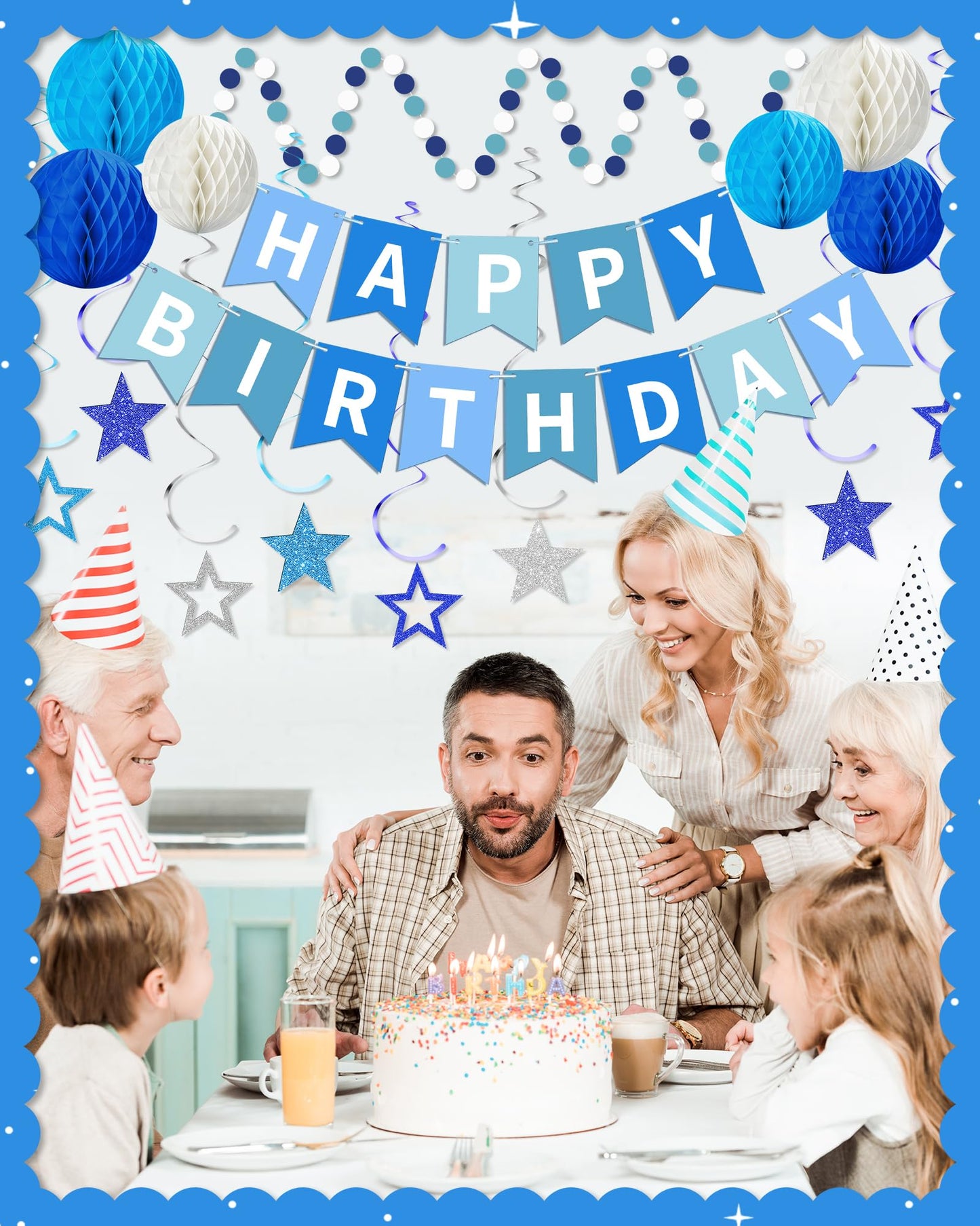 Blue Happy Birthday Decorations, Happy Birthday Banner with Honeycomb Balls, Stars Hanging Swirl Streamers, Dots Garland, Party Decorations for Men Boys Women Girls