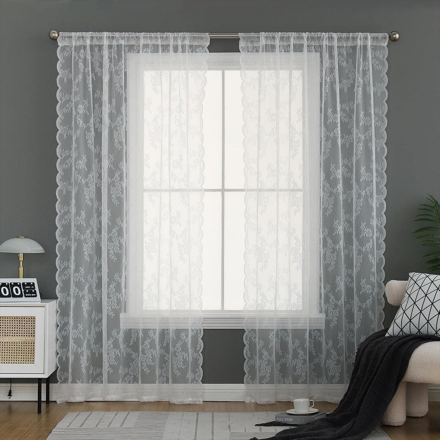 Beruyu White Lace Curtains 90 Inches Long - Floral Embroidered Lace Sheer Curtains for Living Room Bedroom Kitchen, Rod Pocket Window Voile Curtains with Curtain Tiebacks, 2 Panels (59" W X 90" L)