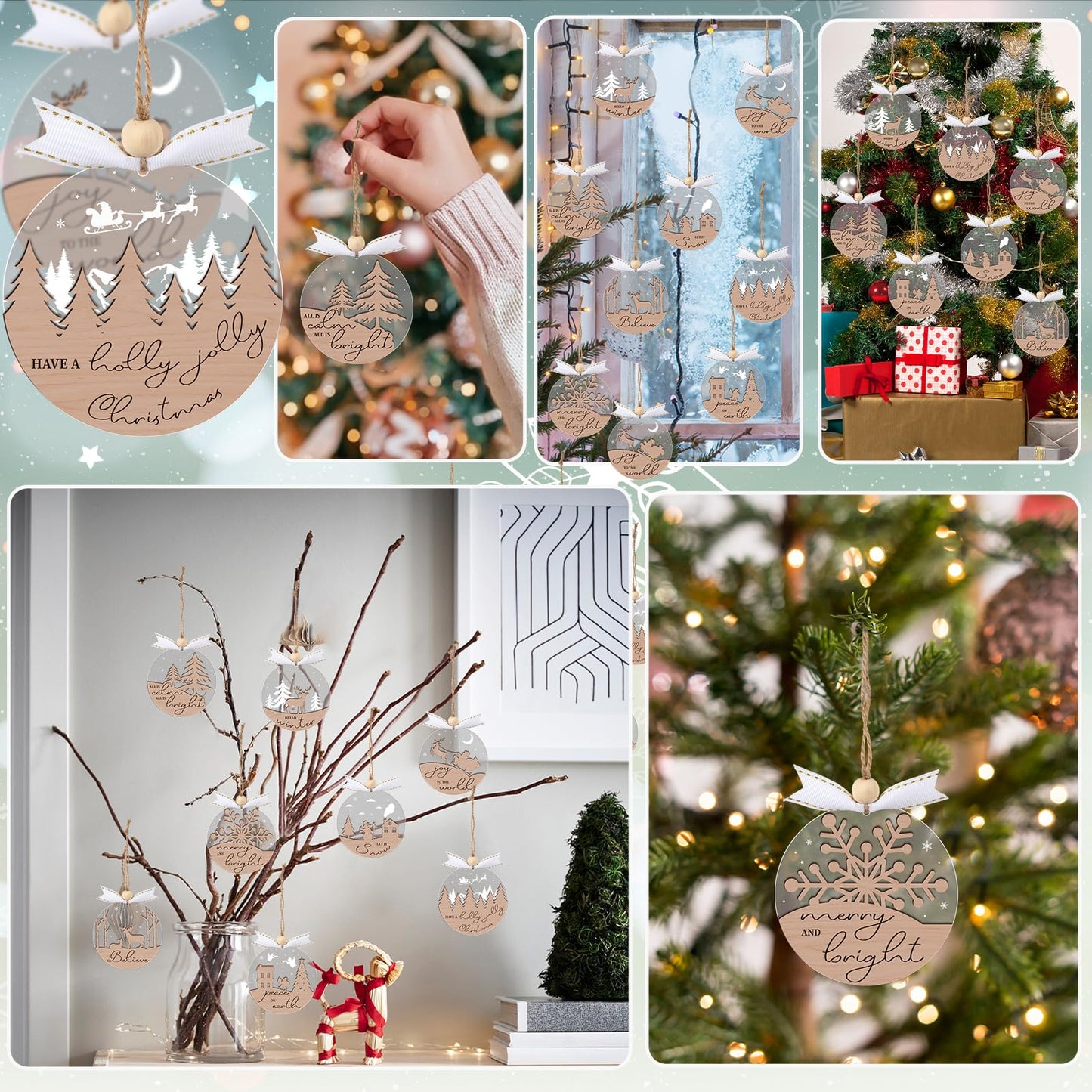 GuassLee 16pcs Winter Christmas Hanging Ornaments for Tree - 3D Wooden Acrylic Christmas Cutouts Reindeer Snowman Snowflake Ornaments for Xmas Tree Gifts Winter Party Supplies
