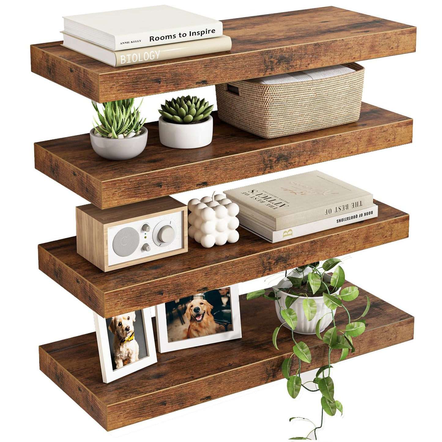 Fixwal Wood Floating Shelves, Wall Shelves Set of 4, Shelves for Wall Decor, with Invisible Brackets for Bathroom, Living Room,Bedroom and Kitchen(Rustic Brown)