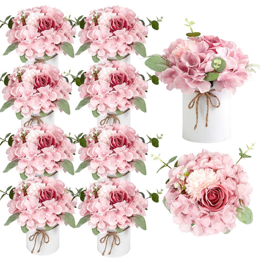 Auihiay 10PCS Flower Table Centerpieces, Hydrangea Artificial Flowers with Vase, Faux Silk Hydrangea Flowers Arrangement for Spring Wedding Table Centerpiece Floral Vase Home Office Decor (Pink)