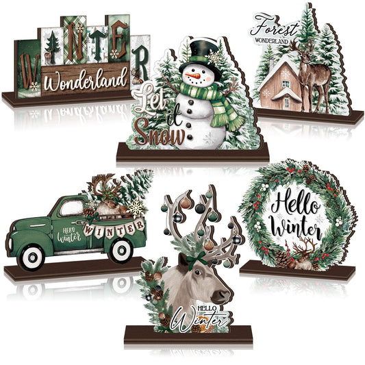 Yuntau 6 Pcs Winter Wonderland Wooden Table Decorations Christmas Wood Tabletop Sign Centerpiece Rustic Decorations for Office Farmhouse Home Decor