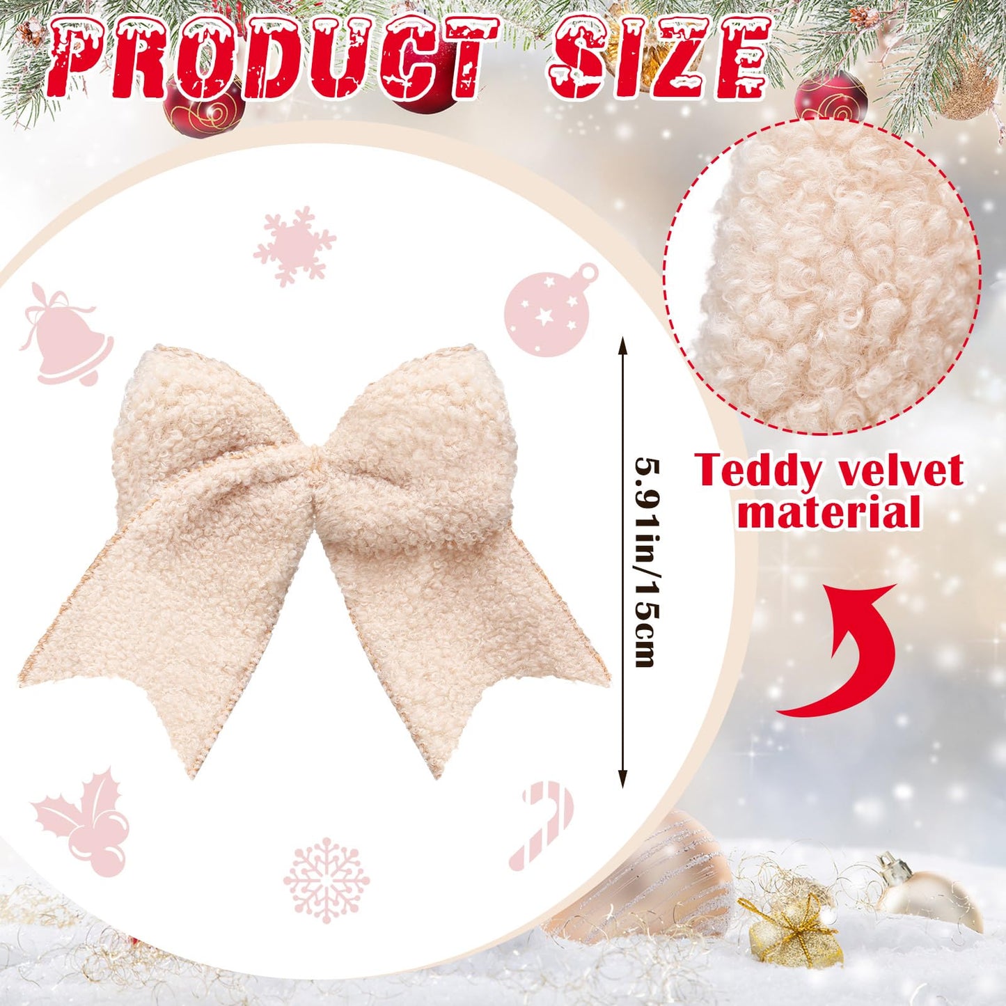 Tudomro 12 Pcs Natural Christmas Bow Tree Ornaments 6 Inch Rustic Plush Christmas Tree Decor Lambswool Bows Ornaments for Xmas Garland Wreath DIY Craft Decorations