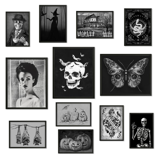 JJY 12Pcs Halloween Wall Decor for Art Posters -Dark Victorian Gothic Prints Home Decor Aesthetic -Creepy Goth Poster Vintage Halloween Art Posters for Home Bedroom Decorations Unframed (Style 3)