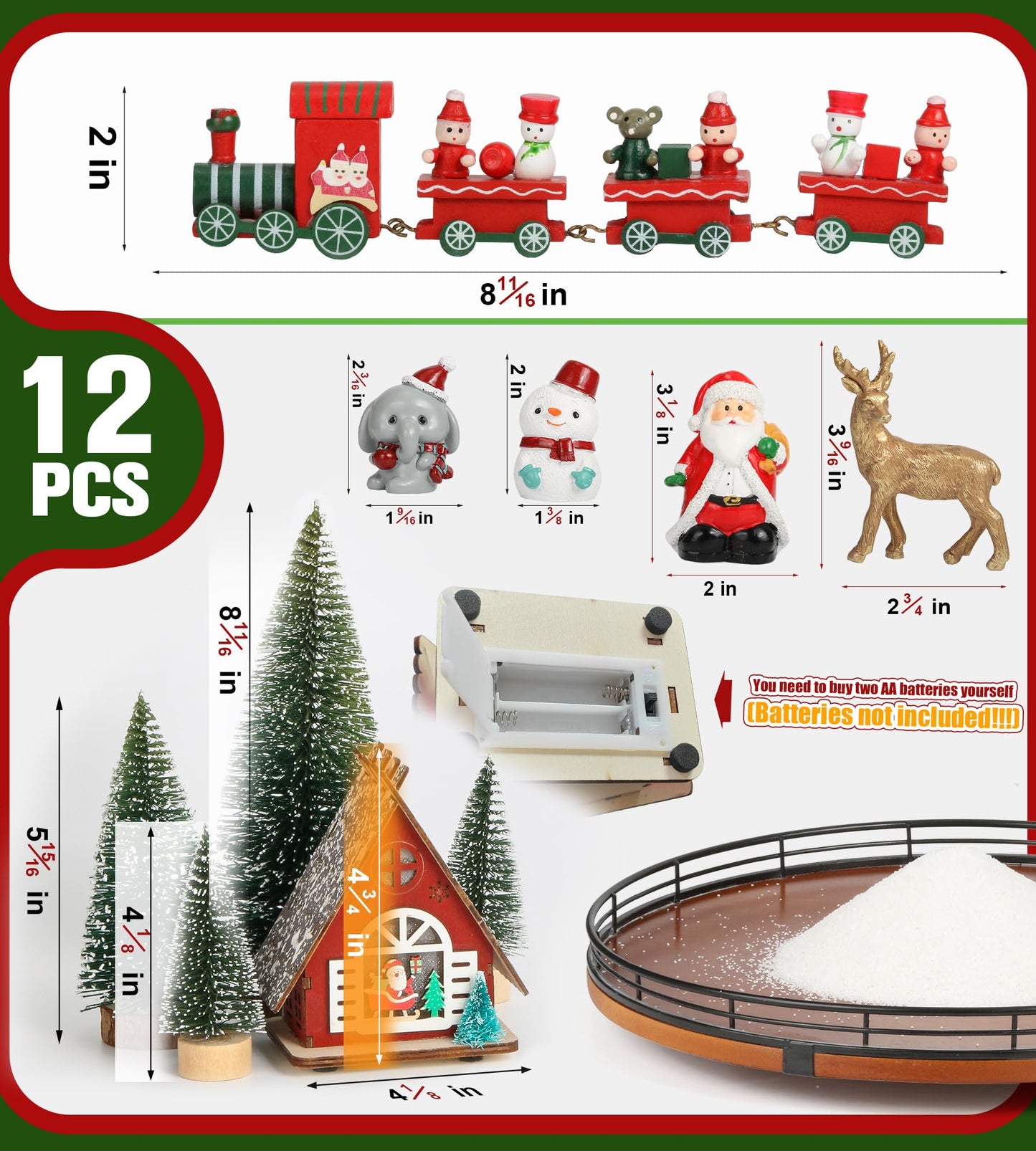 AMH 12 PCS Christmas Table Decorations Set with Oak Rotating Base – Xmas Town Village Centerpiece with Santa, Train, House, Trees & Figurines, Tabletop Decorations for Holiday Dining & Coffee Tables