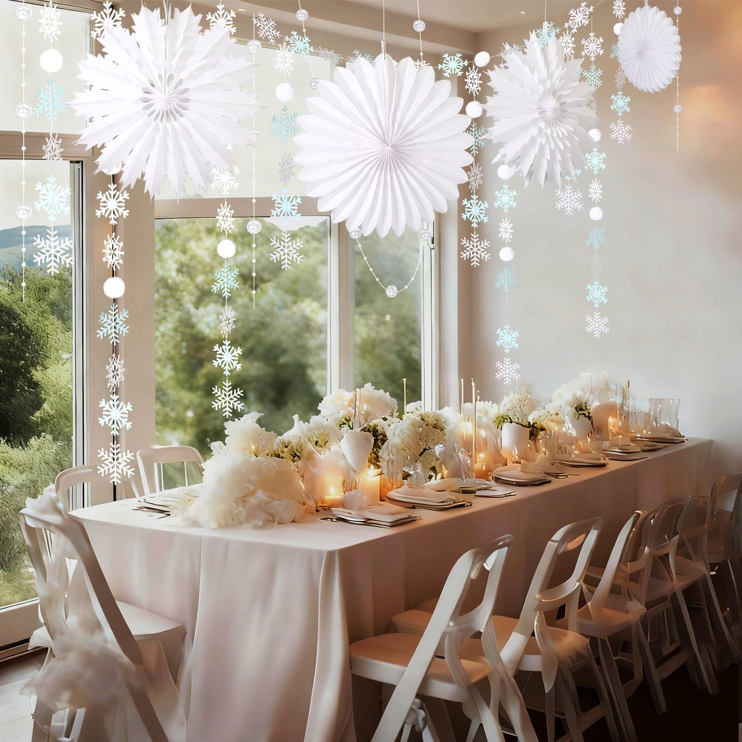 Suncalla 18 Pcs Winter Wonderland Snowflake Decorations Hanging Snowy Scene Landscape Party Ornament with Snow Garland Pearl String 15'' Snowflake Paper Fan for Winter Party Photo Props