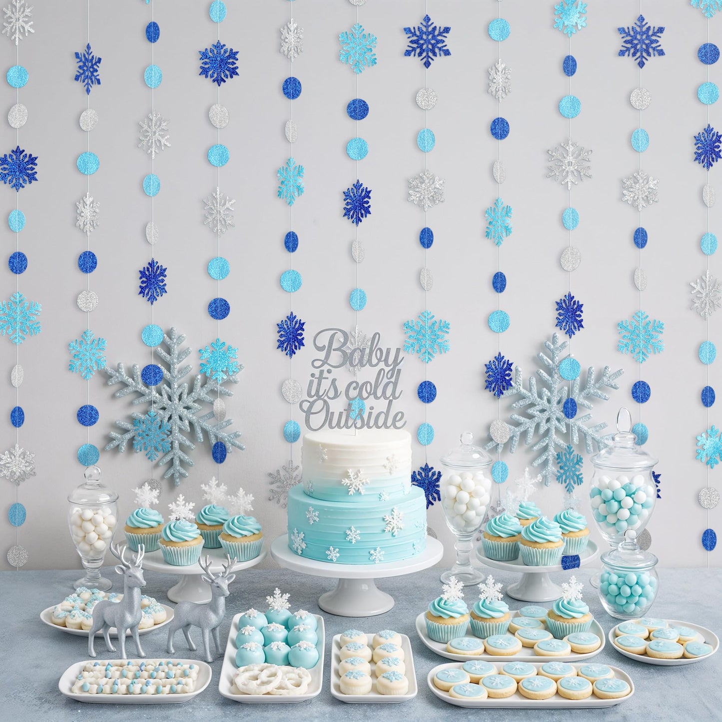 Kriyokiaa 8 PCS Blue Snowflake Garland Set, Double-Sided Glitter Winter Wonderland Hanging Decorations for Baby Shower, Birthday, Holiday Party Backdrop, Navy & Silver Paper Circle Snowflake Strings