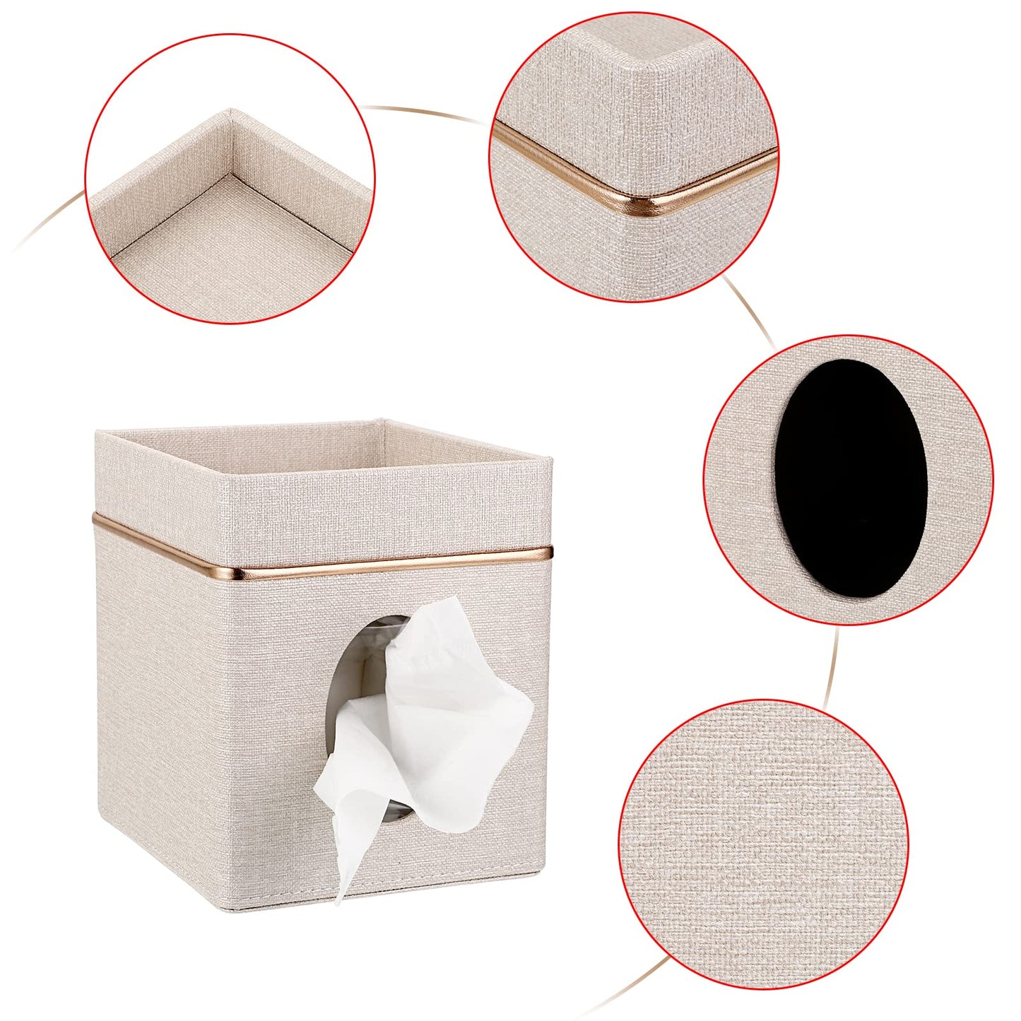 Sumnacon Linen Square Tissue Box Cover - Decorative Cube Tissue Box Holder with Tray, Stylish Tissue Box for Bathroom Toilet Tank Vanity Dresser Table Office Bar Restaurant, Beige