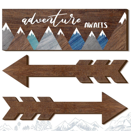 Yookeer 3 Pieces Adventure Awaits Wood Rustic Sign Wood Arrows Wall Decor Inspirational Wooden Decorative Rustic Home Wall Hanging Geometric Mountain Canvas Art for Home Office Room