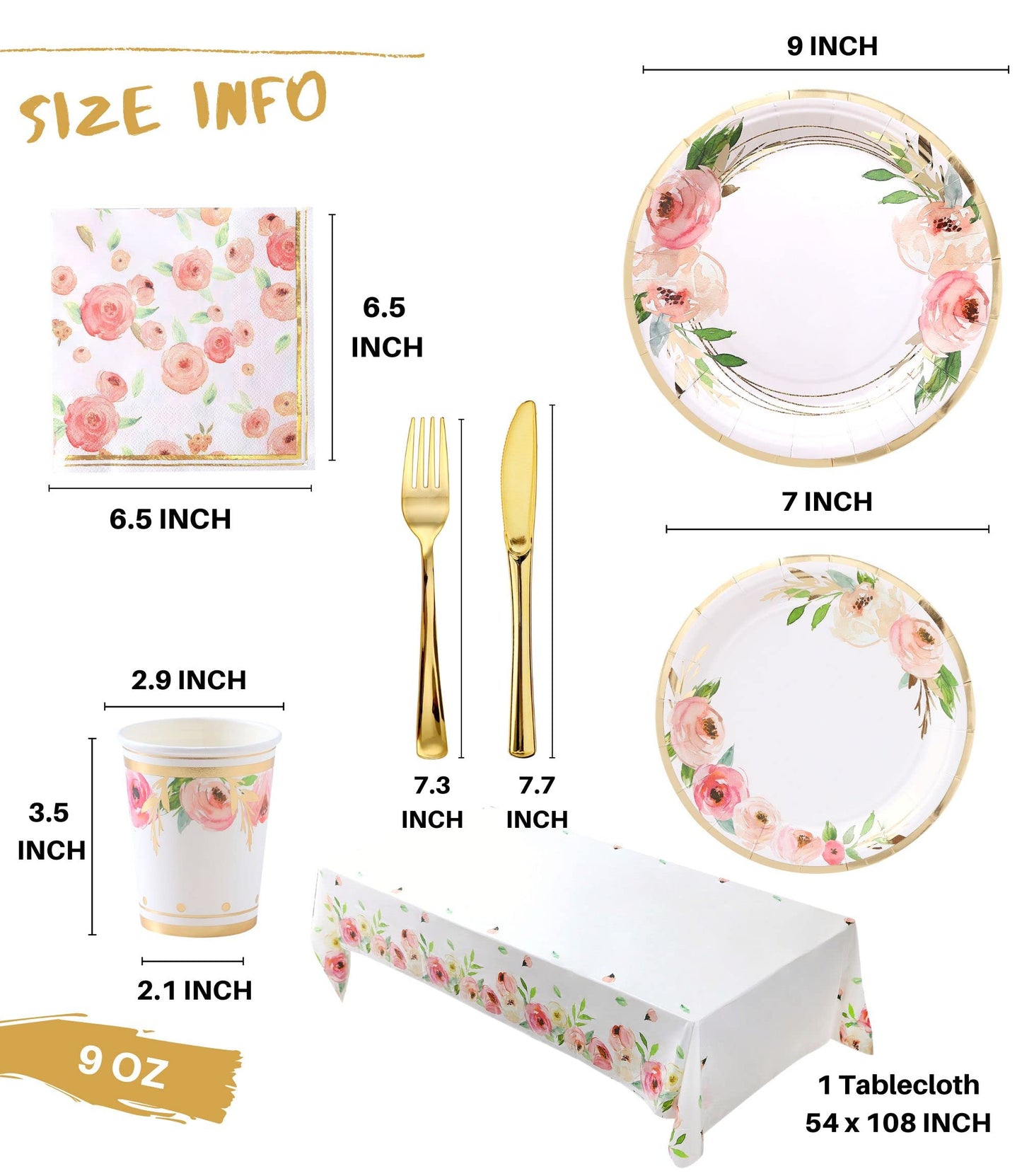 Luxury Floral Paper Plates and Napkins Party Supplies - Serves 16 - Pink and Gold Flower Decoration for Floral Baby Shower Bridal Shower Tea Party Birthday