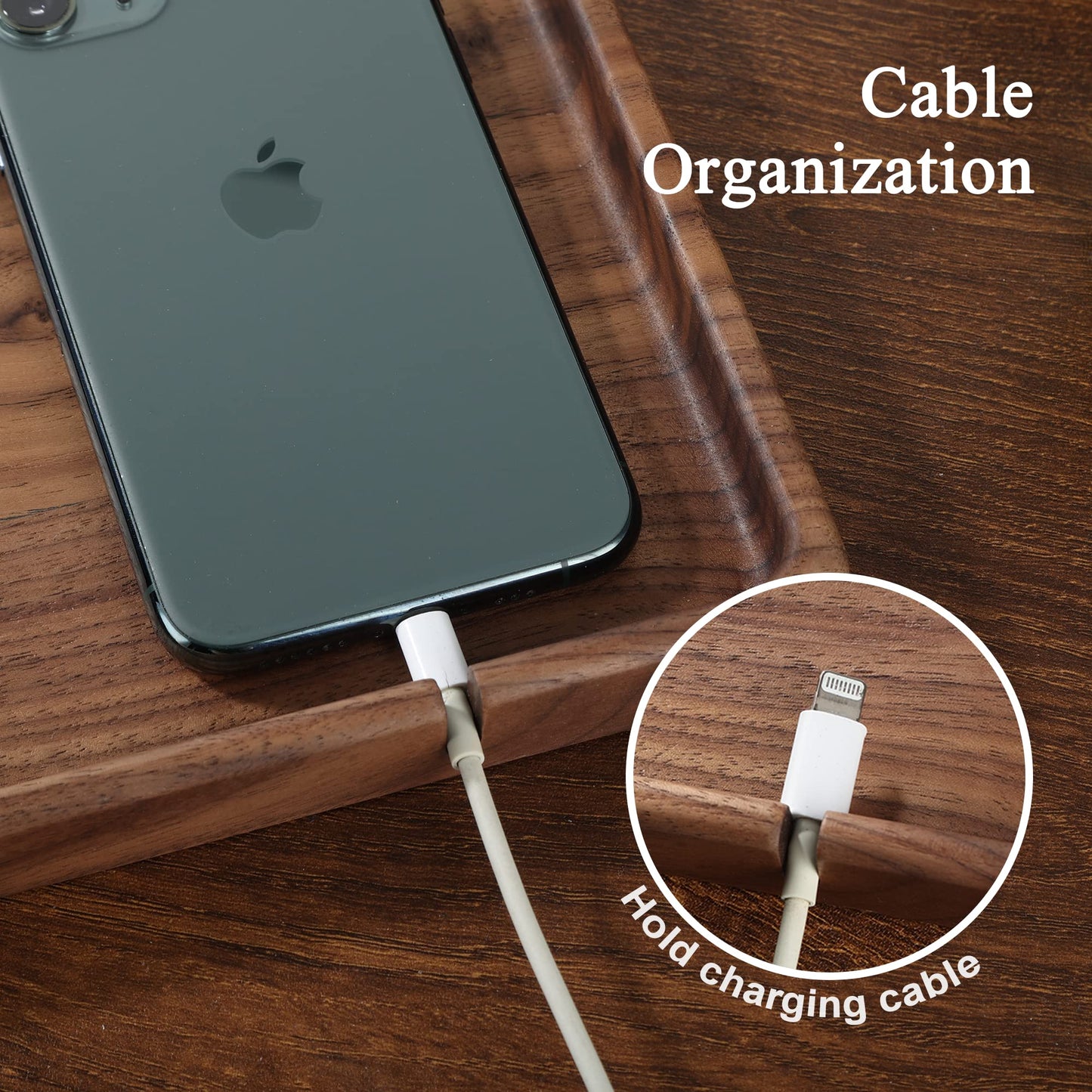 SEEDWAVE Walnut Wooden Valet Tray – Bedside Table Organizer for Men Dad, Edc Catch All Tray with Cable Slot (11.4 x 7.9 x 0.8 Inch)