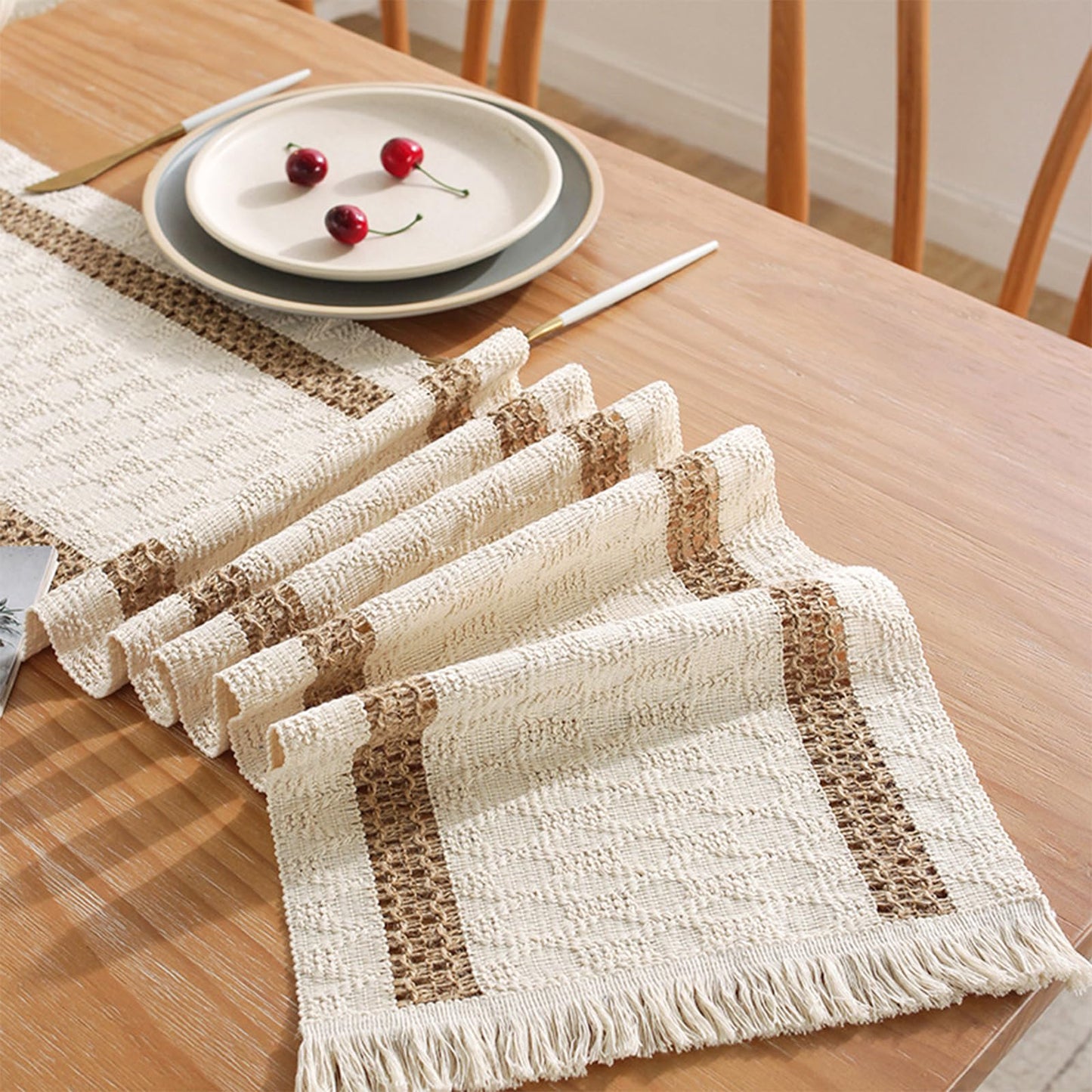 Niviy Boho Table Runner for Summer Home Decor 72 Inches Long Farmhouse Macrame Table Runner Cotton Linen Woven Table Runners for Fall Dining Table Decoration, Beige & Brown