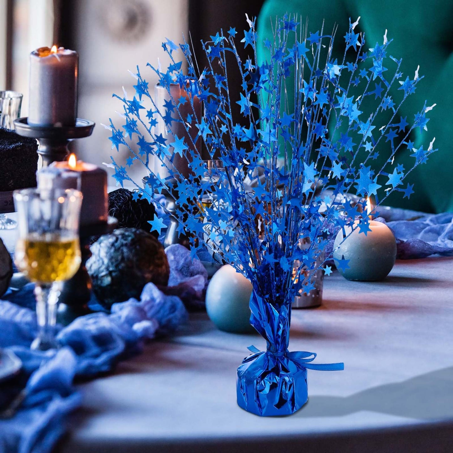 Crowye 6 Pcs Metallic Foil Spray Centerpiece Party Star Decoration Table Decor for Birthday Wedding Graduation Bachelorette Spring Party Holiday(Blue,Small Star)