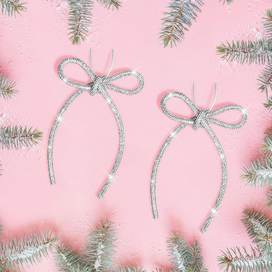 FLAIR GIFTS 6 Pcs 4.3" x 6" 2025 Christmas Bows for Tree Decor, Silver Sparkly Glitter Rhinestone Bow Ornaments with Twist Tie for Xmas Decoration, Wreath, Garland, Gift Wrapping