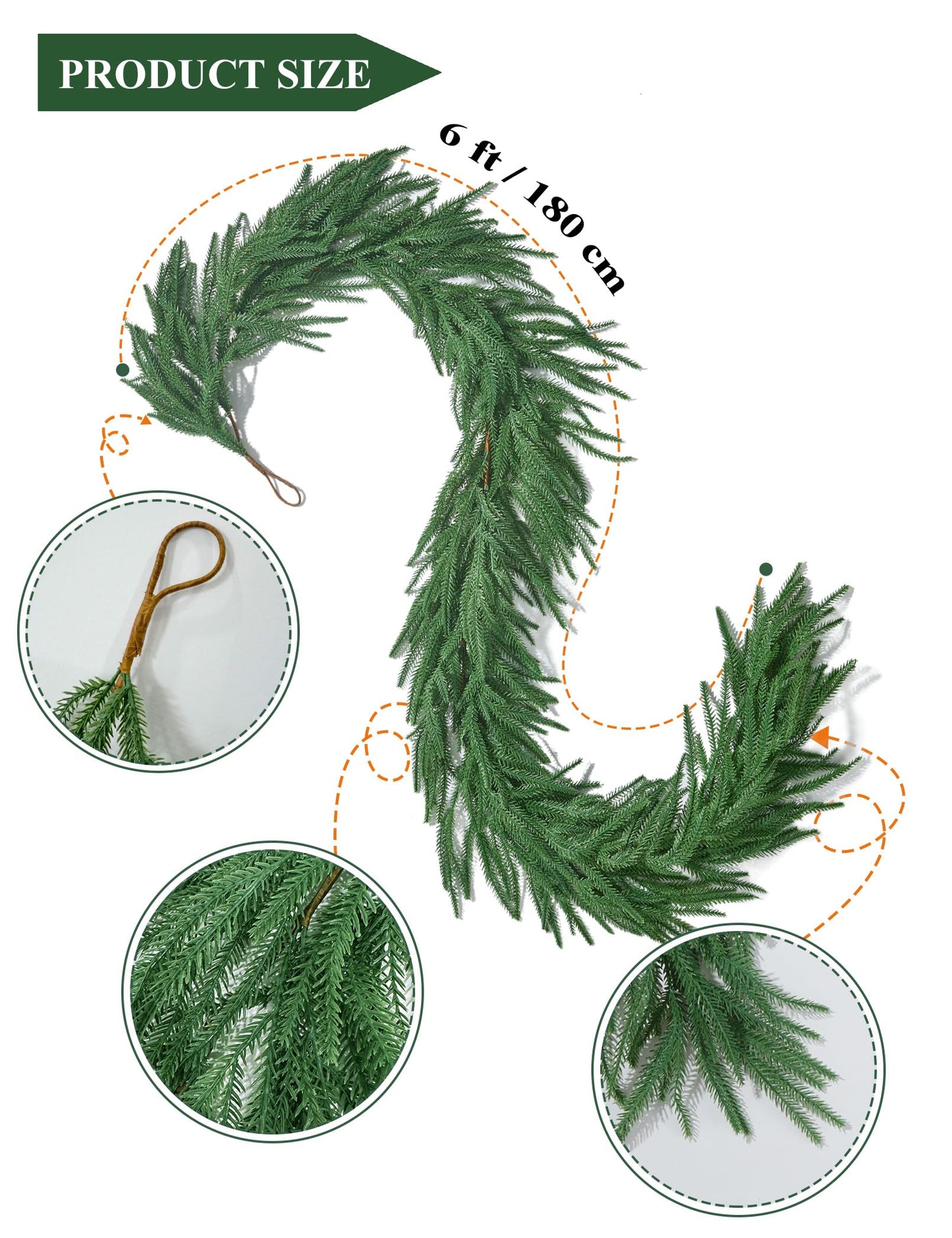 Heleze 6 Ft Norfolk Pine Garland Realistic - Christmas Mantel Garlands, Faux Norfolk Pine Natural Touch Garland for Table Fireplace Stairs Christmas Decorations