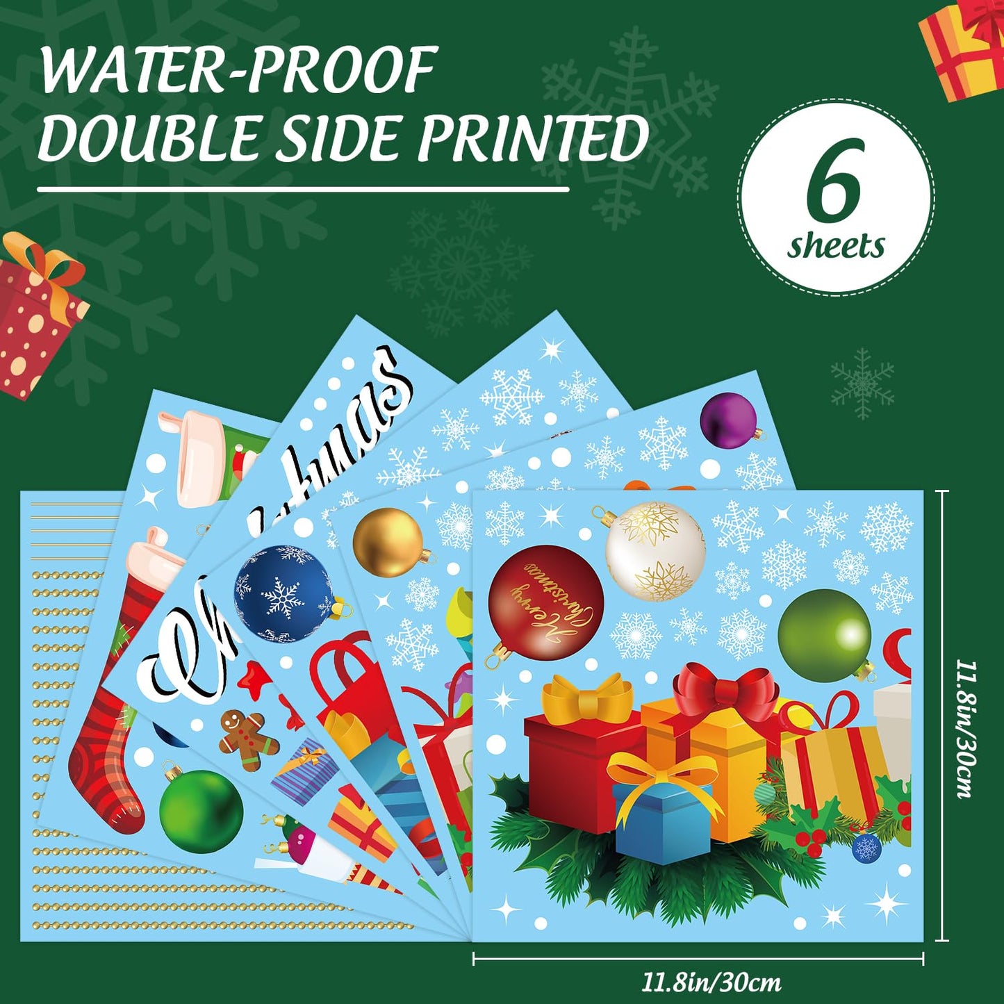 Quera Christmas Window Clings Christmas Ball Snowflake Gift Box Dot Static Window Stickers for Xmas Holiday Window Decorations Decal Home Party Ornaments, 11.8 "X 11.8", 6 Sheets