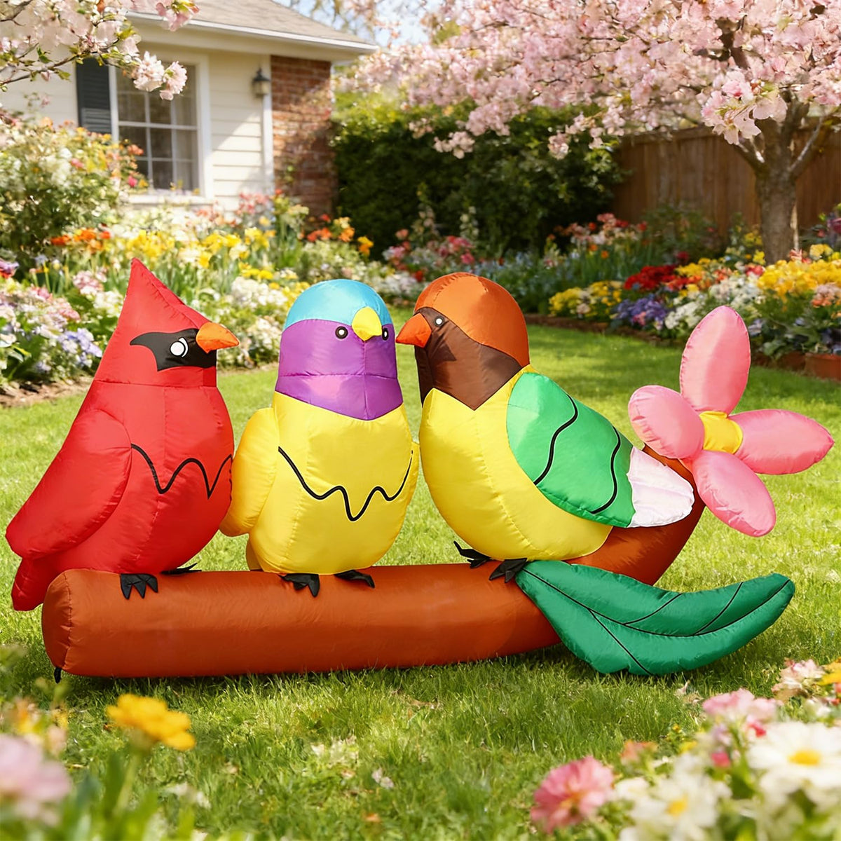 DomKom 8FT Long Inflatables Bird Gifts with Flower Outdoor Decoration, Blow Up Decoration, Built-in LED Lights Decor, Garden, Lawn, Yard, Patio,