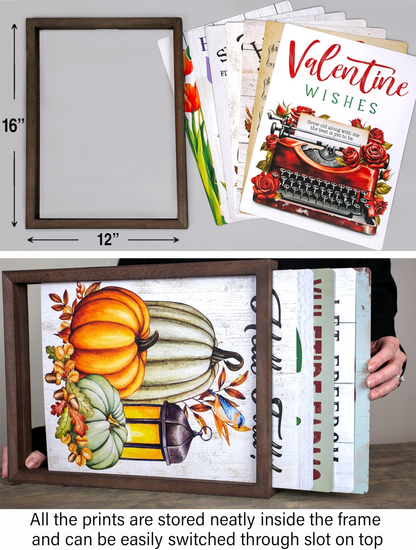 Farmhouse Wall Decor for your Home - 12x16 Rustic Wood Frame with 14 Interchangeable Sayings for the 4 Seasons, Christmas, Easter, Thanksgiving & July 4