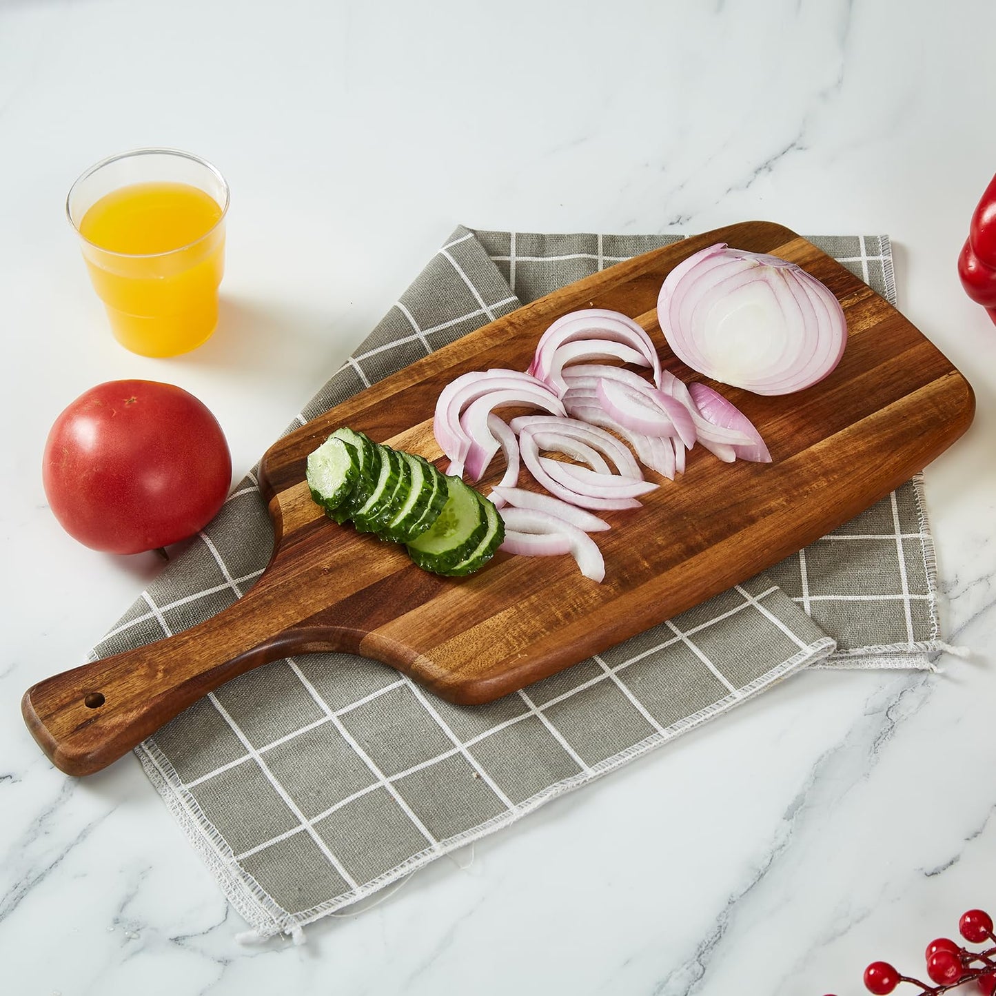 TEIBVG Acacia Wood Cutting Board and Cheese Board with Handle for Braed, Chopping Board, Meat, Fruits and Charcuterie - Decorative Wooden Serving Board for Kitchen, 17x7 Inch