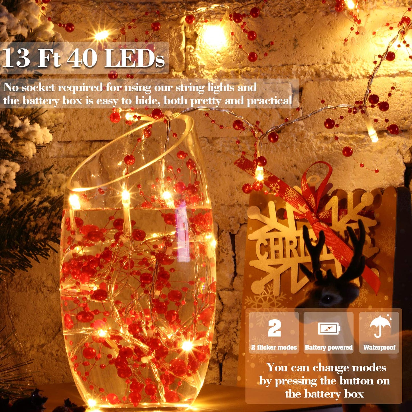 Mudder 13 ft 40 LED Christmas Light Pearl Berry Beaded Garland String Light for Indoor Outdoor Festive Birthday Party Wedding DIY Home Mantel Decoration 2 Flicker Modes(Red)