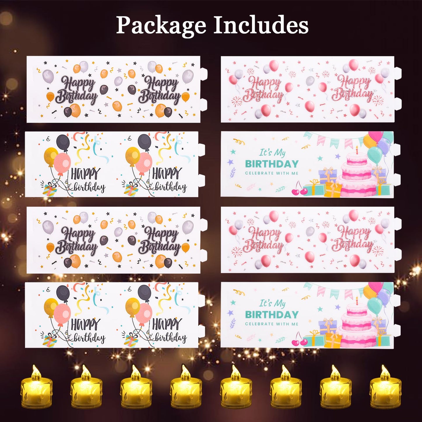 Happy Birthday Table Centerpiece Decorations, 8 Sets Birthday Centerpieces Lantern Boxes & LED Tea Lights, Flameless Votive Candle Holders for Birthday Party, Candle Shade Cover Sleeve for Home Office