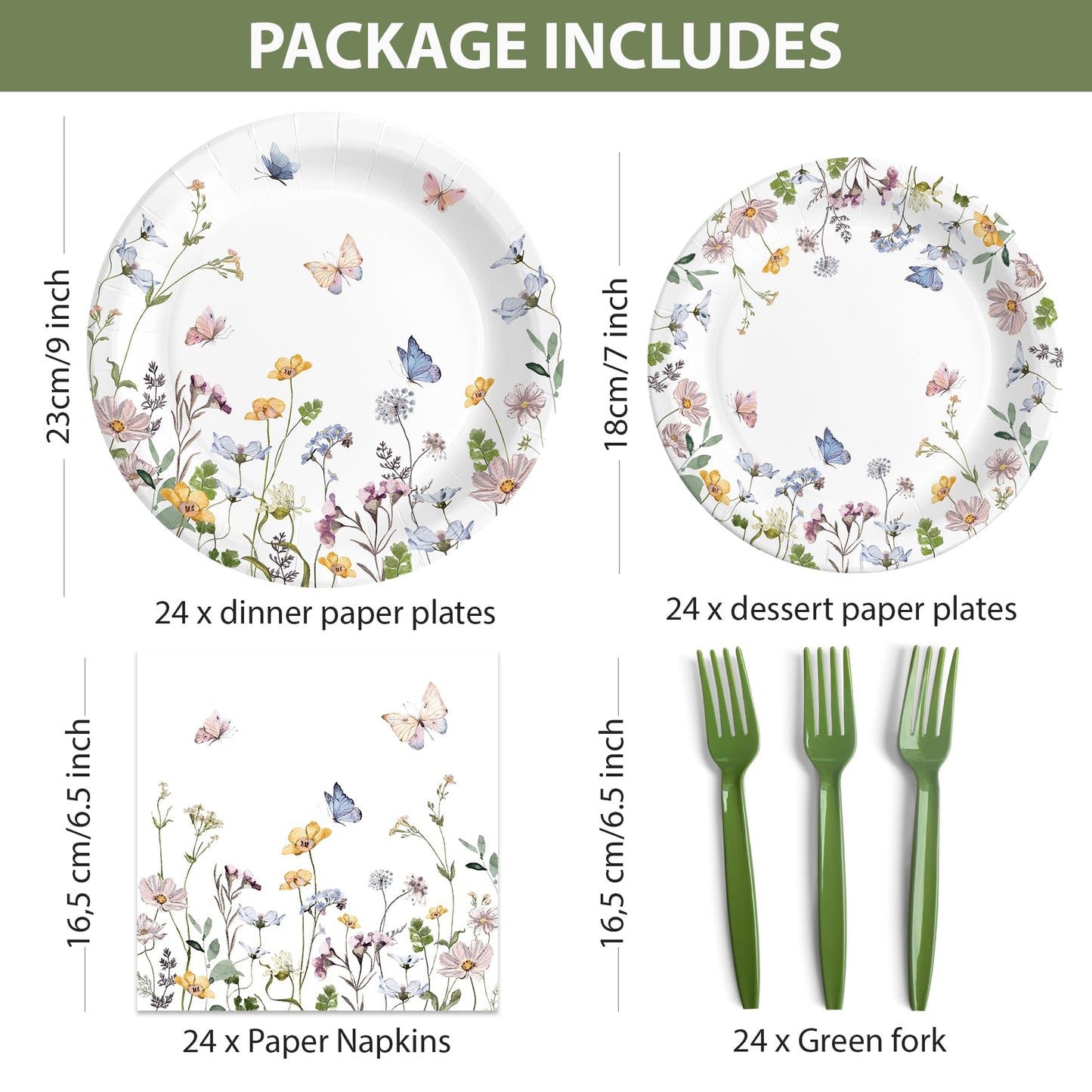Audree 96 Pcs Wildflower Party Supplies, 24 set Disposable Paper Plates and Napkins for Party Baby Shower, Wedding, Birthday, Perfect for Guests Set Dinner and Dessert Plates, Napkins, Plastic Forks