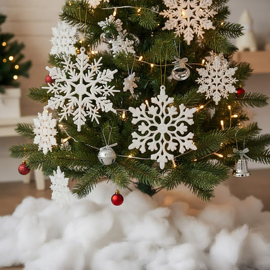 HunnmingRe 37 Pcs Christmas Tree Ornaments Set, 93 x 35 Inches Snow Blanket Roll and 36 Pcs White Glitter Plastic Snowflake Ornaments for Winter Tree Garland Village Decor