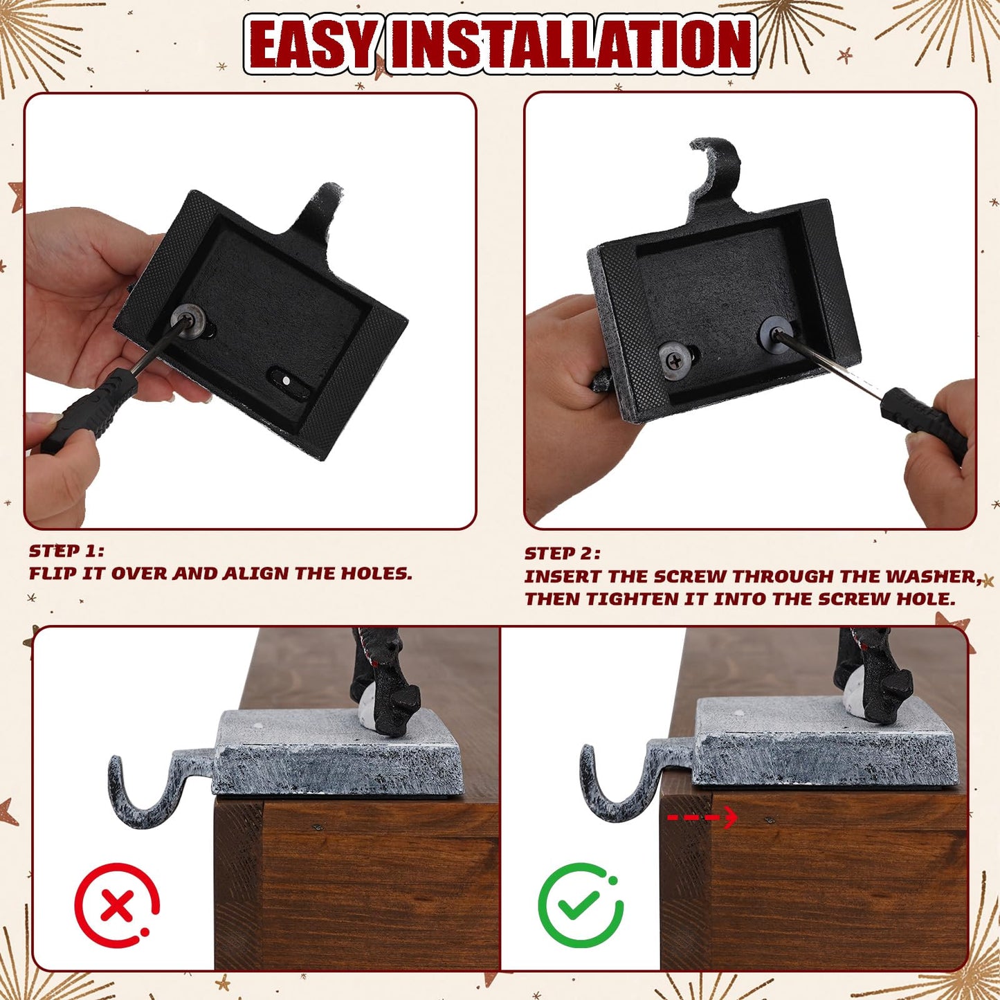 IGOHEALS Stocking Holders for Mantle – 3D Christmas Stocking Holder Heavy Duty Cast Iron Garland Hangers for Mantel with Non-Slip Base | Xmas Decor, Sturdy Fireplaces Hook (Pine Cone and Santa)