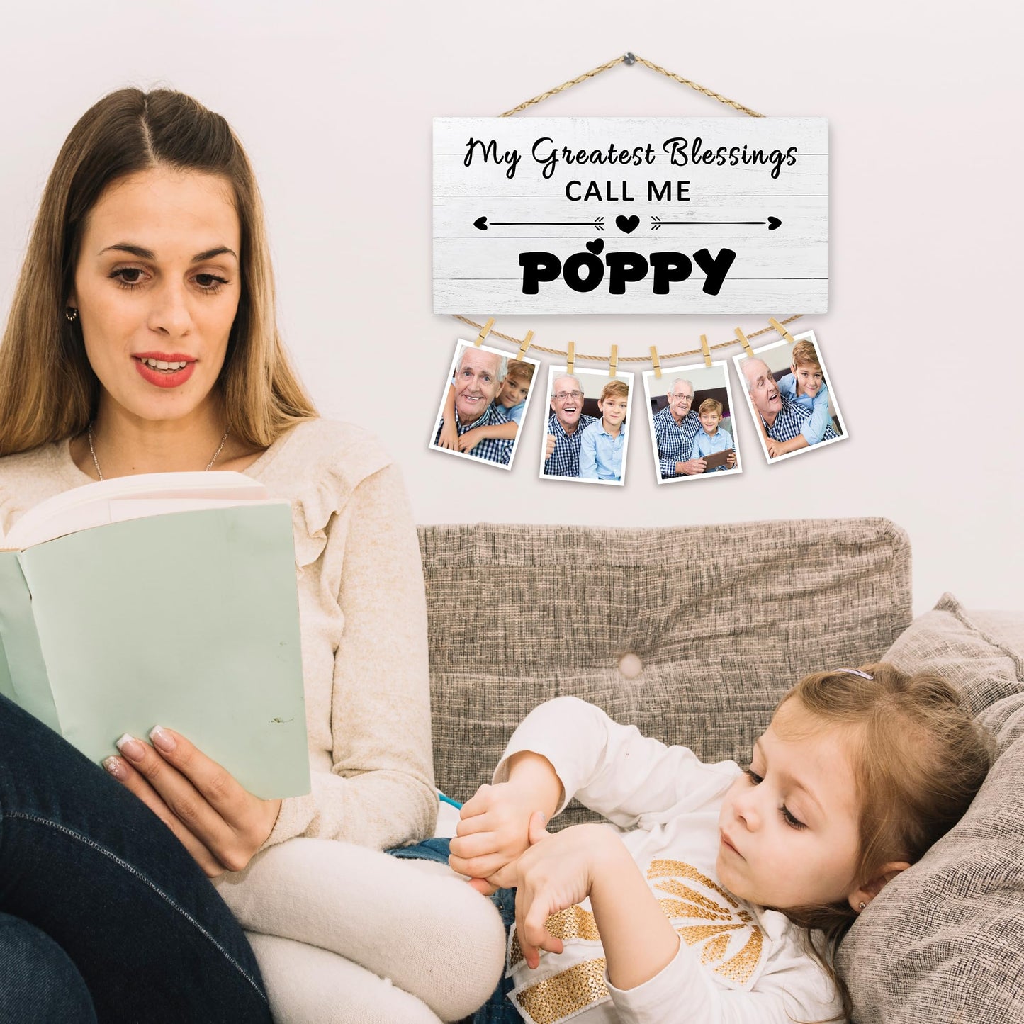 Hiuwevt Poppy Picture Frame Photo Hanging Display, Grandfather Gifts for Christmas from Grandkids Granddaughter Grandson, Best Grandpa Gifts Picture Board Photo Holder for Wall Decor