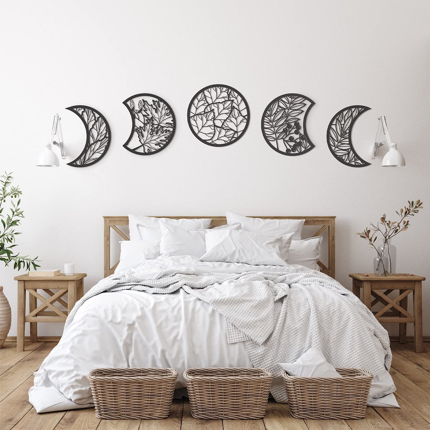 Jetec 5 Pcs Moon Phase Wall Art Decor Wall Pediments Hanging Wooden Phase Spiritual Bedroom Nordic Boho Lunar Aesthetic Art for Living Room Dorm Apartment Ornament(Black,10.6 Inch,Botanical)
