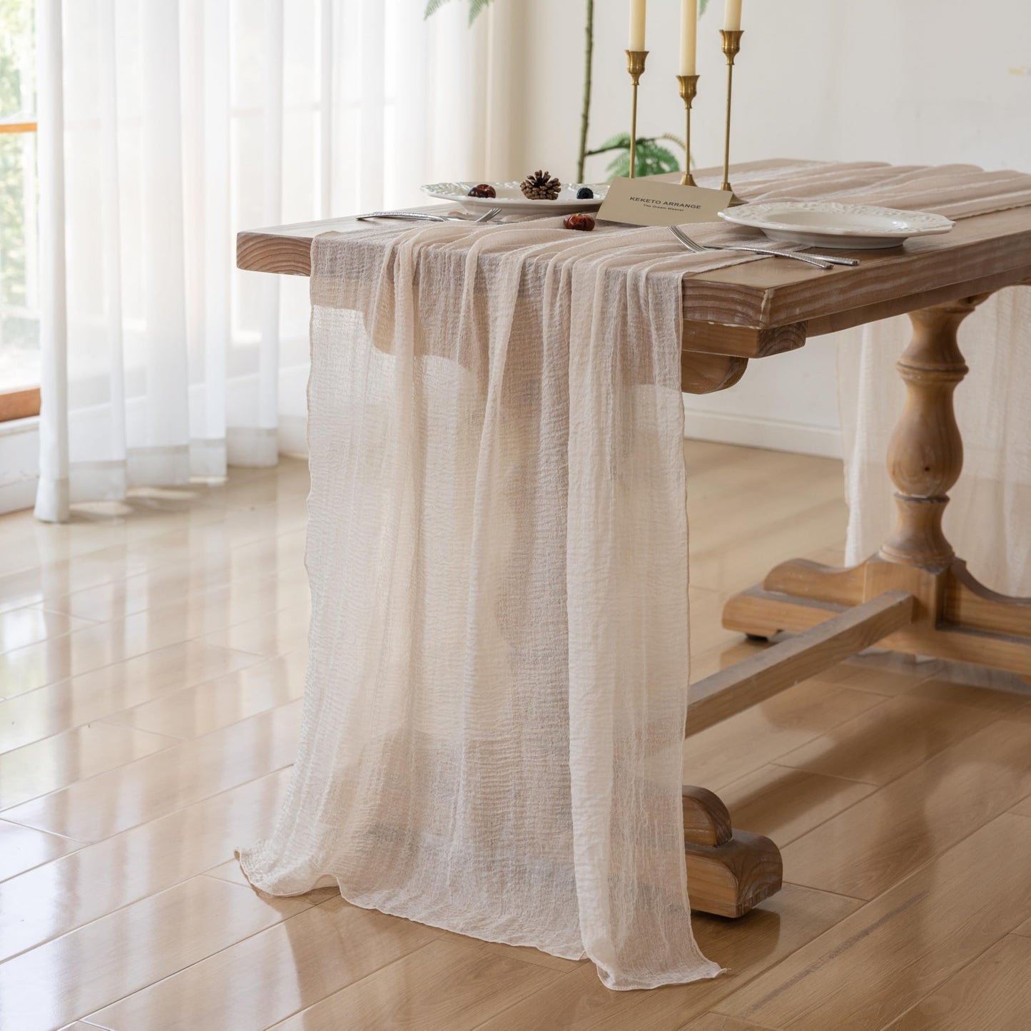 Keketoarrange Beige Spring Cheesecloth Table Runner Gauze Rustic 120 Inch 10 FT for Wedding Baby Shower Bridal Shower Birthday Engagement Garden Party Long Sheer Boho Home Decorations