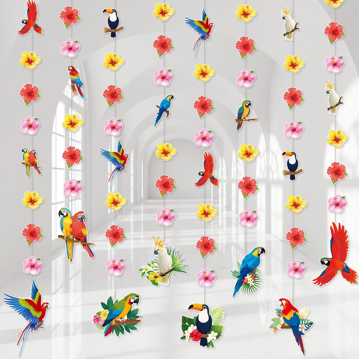 Tiamon 8 Pcs Tropical Bird Decorations Tropical Hawaiian Party Hanging Banner Hawaii Parrot Flower Hanging Garland Summer Luau Party Paper Banner for Pool Tiki Bar Birthday Supplies