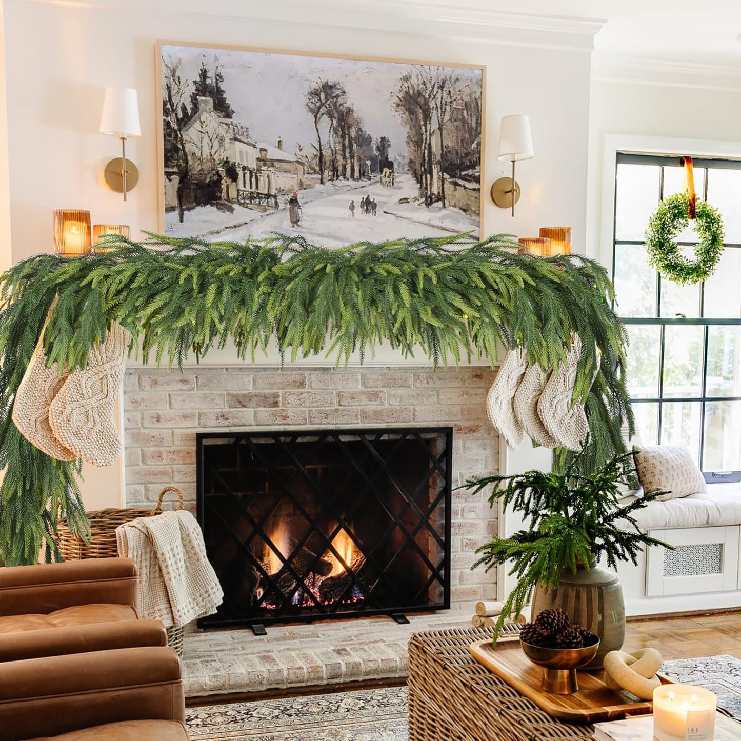 Lvydec Christmas Norfolk Pine Garlands, 6ft Real Touch Artificial Pine Garlands Greenery Faux Cedar Garland for Mantle, Holiday Indoor Outdoor Fireplace Winter Decor