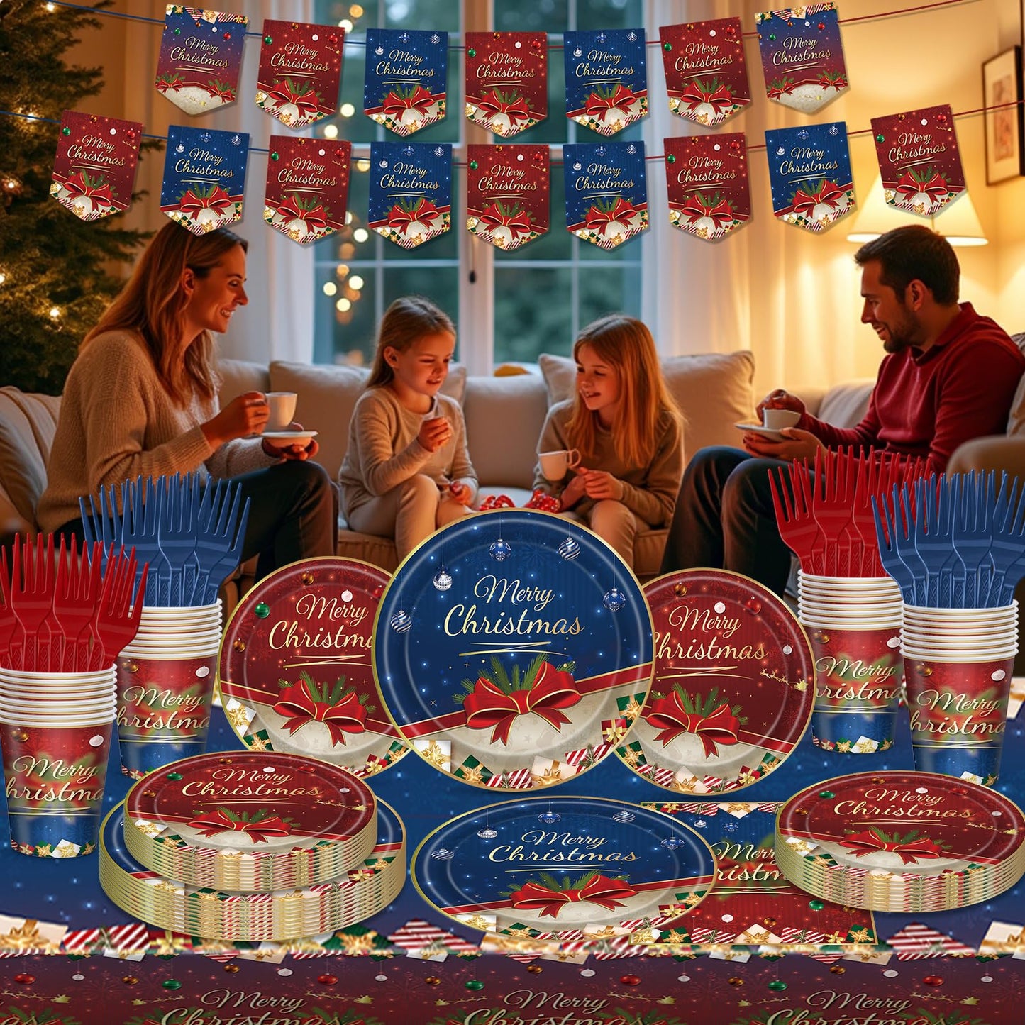 AWLZJZQA 122 PCS Christmas Party Supplies Serve 24 Guests Merry Christmas Plates and Napkins Party Decorations Disposable Dinnerware Set Decor Red and Blue