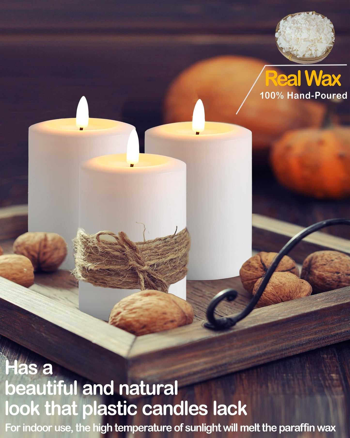 Gmnee 3"x4" Flickering Flameless Candles with Remote Timer, Real Wax, White Pillar Candles, Set of 3 Fake LED Battery Operated Candles for Home, Fireplace, Centerpiece, Rustic and Farmhouse Decor