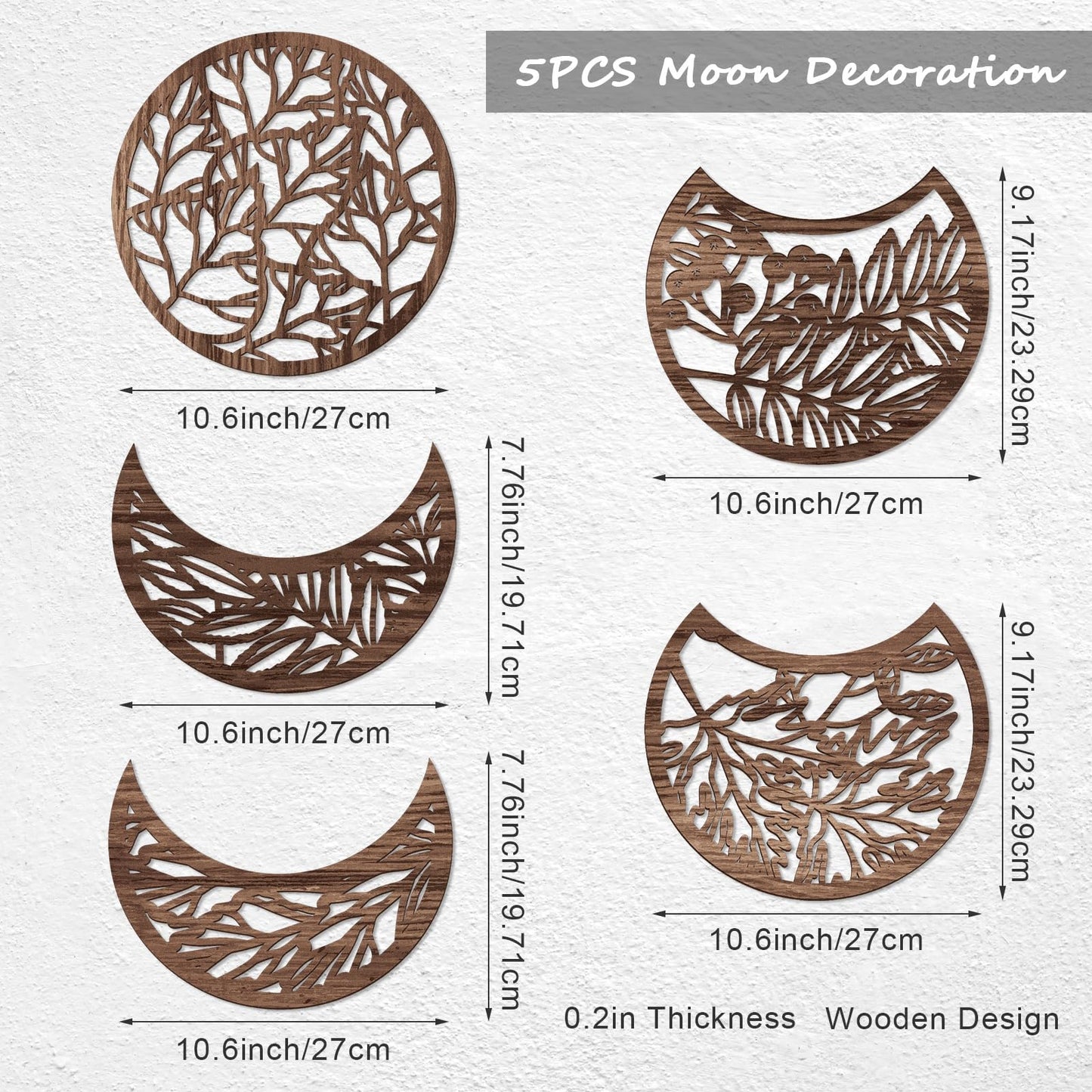 Jetec 5 Pcs Moon Phase Wall Art Decor Wall Pediments Hanging Wooden Phase Spiritual Bedroom Nordic Boho Lunar Aesthetic Art for Living Room Dorm Apartment Ornament(Brown,10.6 Inch,Botanical)