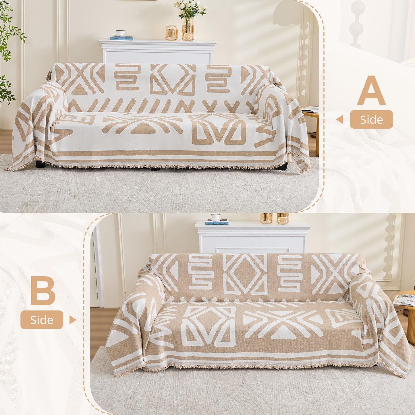 Taque Boho Couch Cover Sofa Covers for 2 Cushion Couch, Couch Covers Washable Blanket Sofa Covers, Chenille L Shape Sectional Couch Covers for Dogs, Sofa Blanket Cover for Living Room (Khaki)