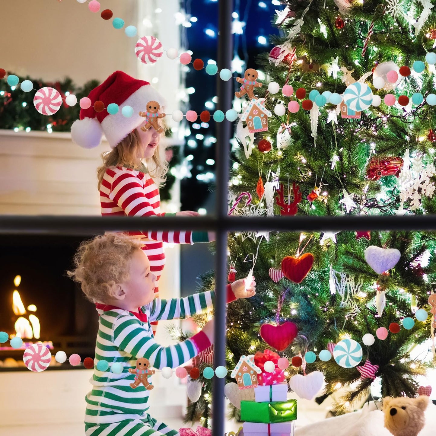 Newwiee Christmas Felt Garland 3D Felt Gingerbread Garland Hanging 8.2 ft Candy Pom Ball Banner for Christmas Holiday Playroom Mantel Wall Decoration