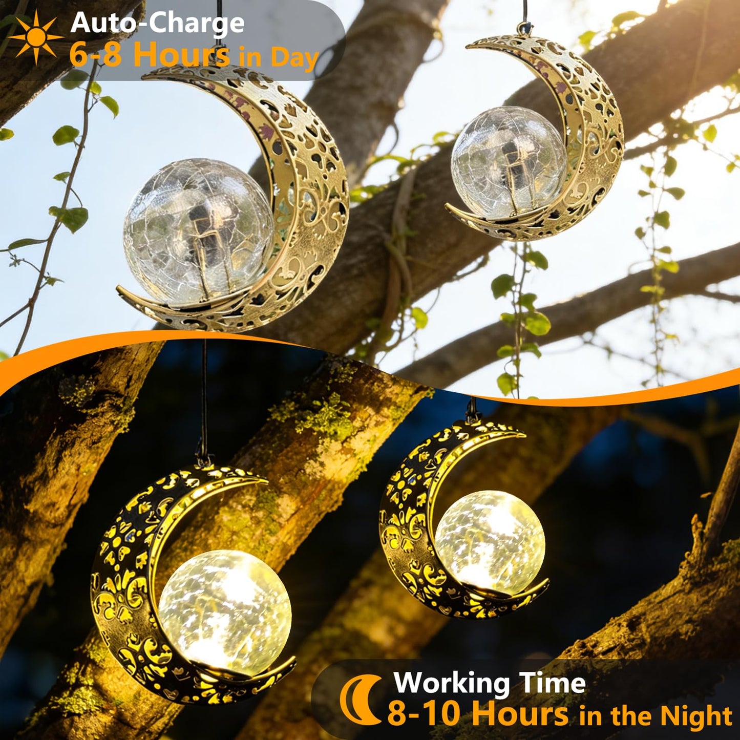 Amugmilk Hanging Solar Lights Outdoor Lanterns Garden Decorations, 2 Pack Moon Lights with Cracked Glass Globes Outside Decor for Backyard Balcony Patio Tree ,Unique Mother's Day Gifts for Women Mom