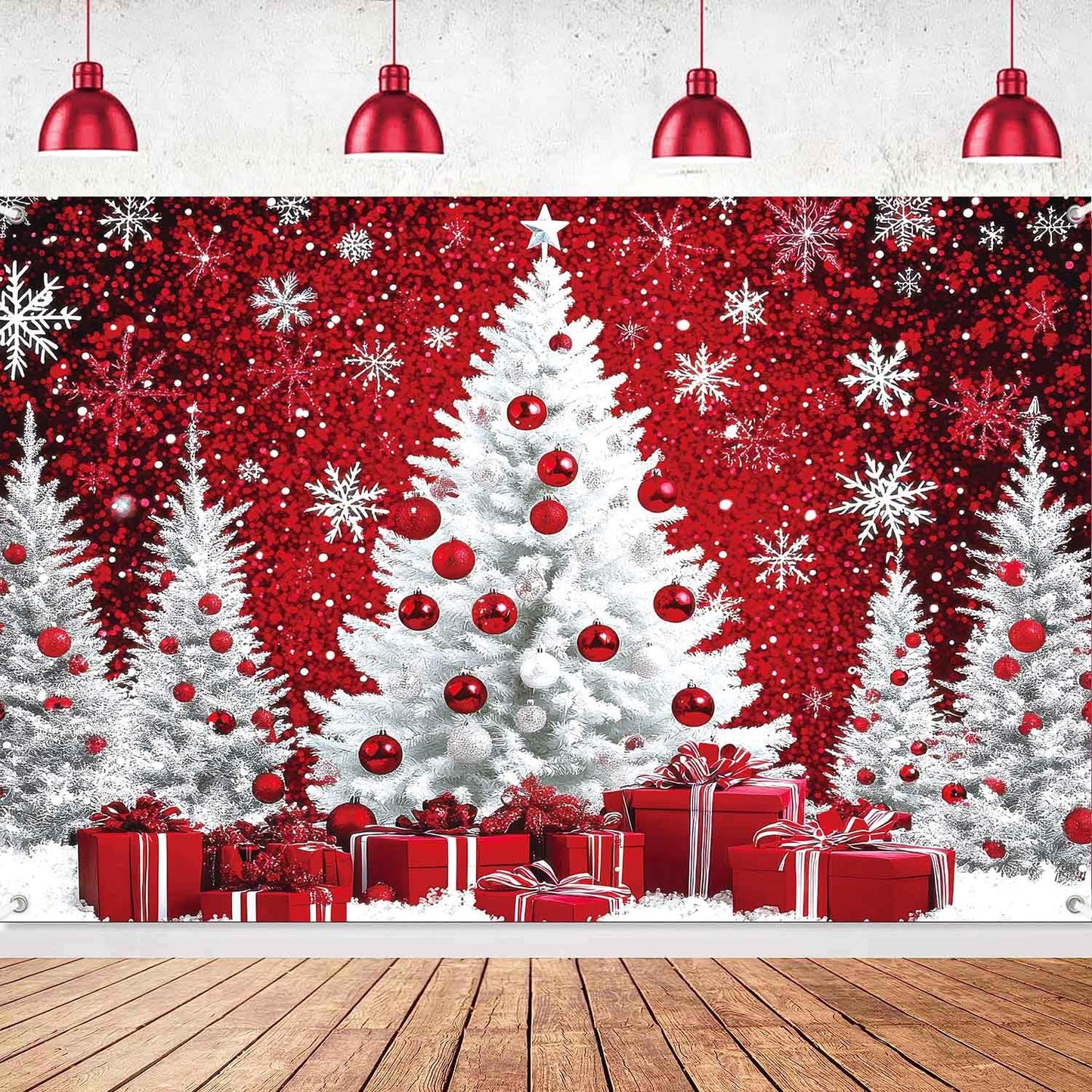 LDWLYW Snowy Christmas Backdrop Merry Christmas Holiday Birthday Party Decorations Banner Large Red White Snow Xmas Tree Winter Photography Background Wall Decor Photo Props 5x3ft
