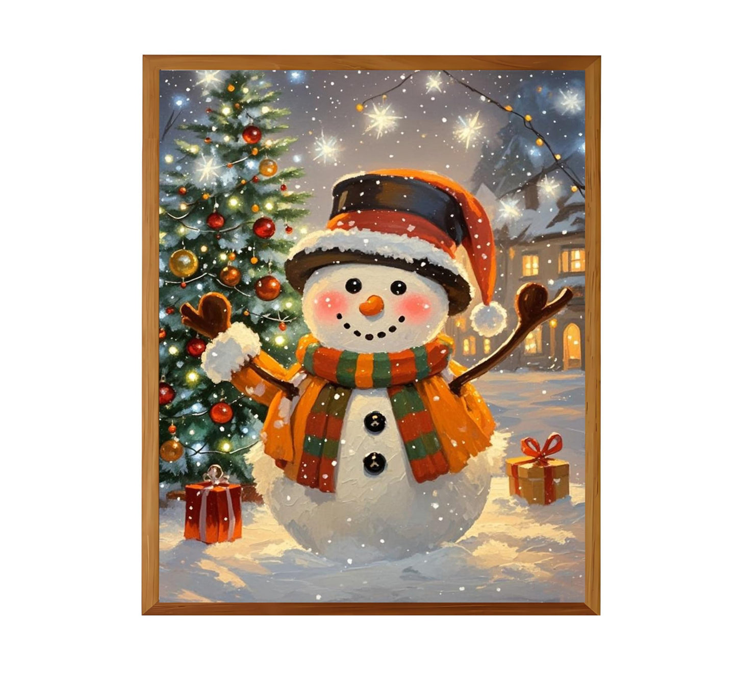 Cheerful Christmas Snowman Wall Art Print, Festive Winter Holiday Painting, Cute Snowy Christmas Tree Home Decor, Whimsical Holiday Poster, 8x10 Inches Unframed